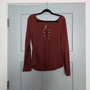 Free People Lace Up Long Sleeve Top Rust Brown Size Large Boho Knit